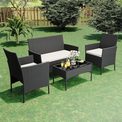 4 Pieces Patio Furniture Set, Rattan Outdoor Furniture with Upholstered Sofa, 2 Chairs and Coffee Table, Conversation Bistro Set for Garden, Backyard,