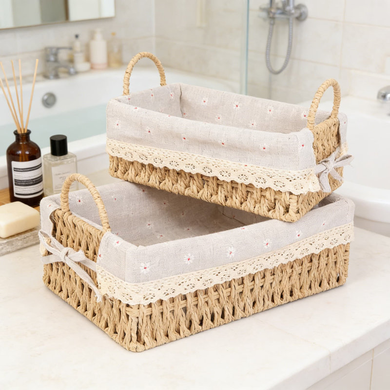 Handwoven Paper Rope Storage Baskets With Liner, Set Of 2 Rectangular Woven Shelf Organizers With Handles For Home Organization In Living Room, Bedroom, Or Bathroom