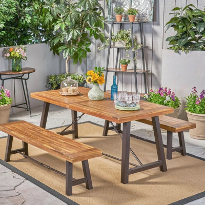 Repas d'extérieur en bois avec structure de pique-nique en métal et à lattes 3 pièces