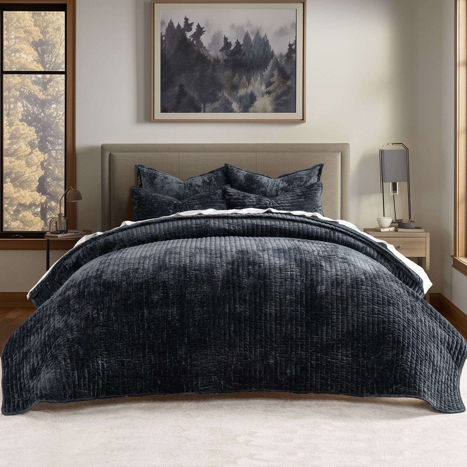 Luxe Velvet Channel Quilt Set, King, Black
