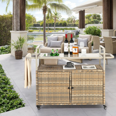 Outdoor Bar Table, Wicker Bar Cart With Cabinet, Patio Serving Cart With Steel Top, With One Ice Bucket,Lockable Wheels, Side Basket