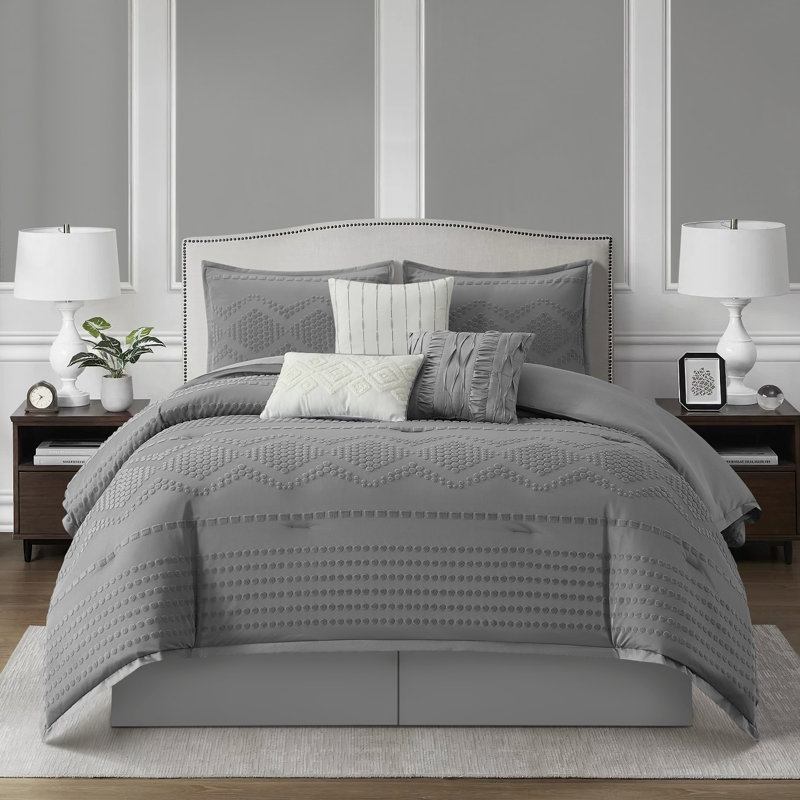 Ensemble d'édredon jacquard géométrique 7 pièces Whki, Gris, Très grand lit