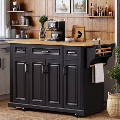 Large Kitchen Island With Drop Leaf, Embossed Texture, 4 Wheels, 3 Drawers, Adjustable Shelves And Spice Rack by Lark Manor