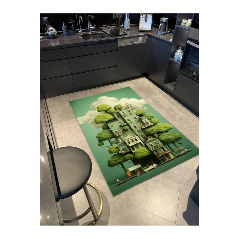 Green Nature High Building Colorful Patterned Woven Base Carpet, Rectangle 2'4" x 4'
