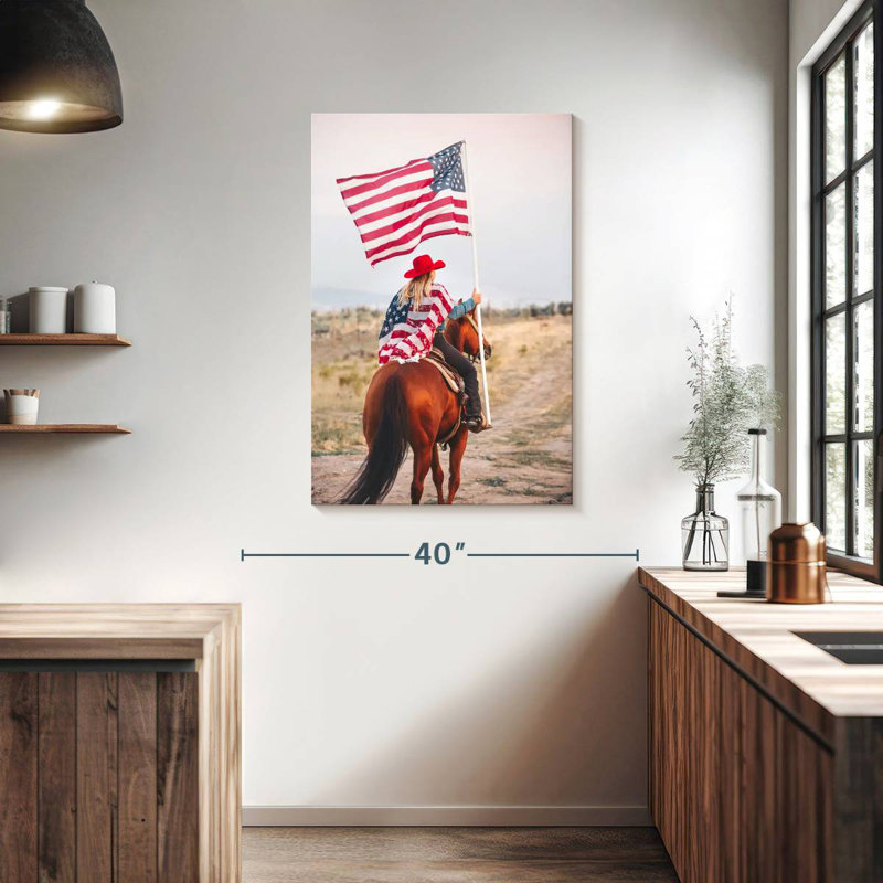 Mehar, patriotique, cow-boy à cheval, H 39 po x l 26 po
