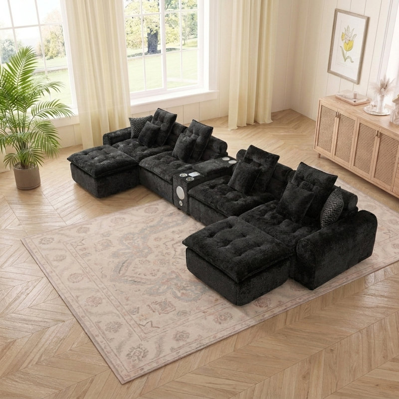 Canapé modulaire surdimensionné en forme de L de 178,6 po avec coussins décoratifs en forme de L, Noir