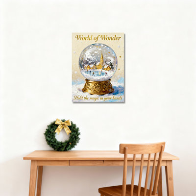 «Snow Globe Winter Village Scene», reproduction d'art sur toile tendue sur toile avec cadre doré et texte «World of Wonder»
