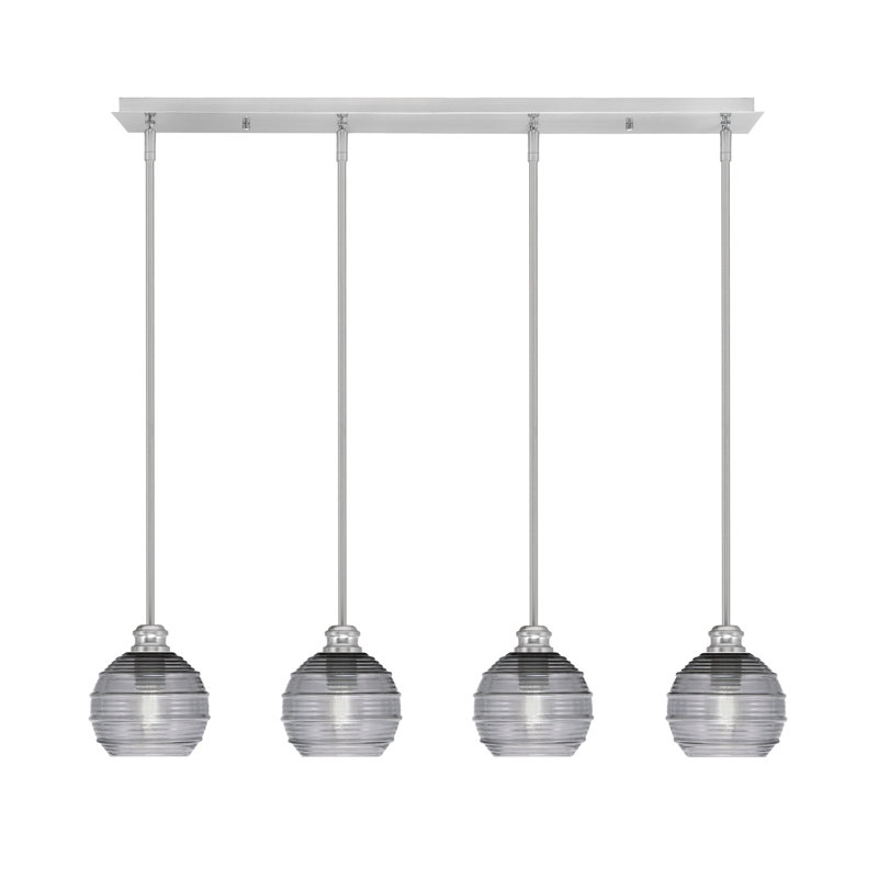 Luminaire suspendu linéaire 4 lumières avec verre de 6 po Edge, Fumée nervurée, Nickel brossé
