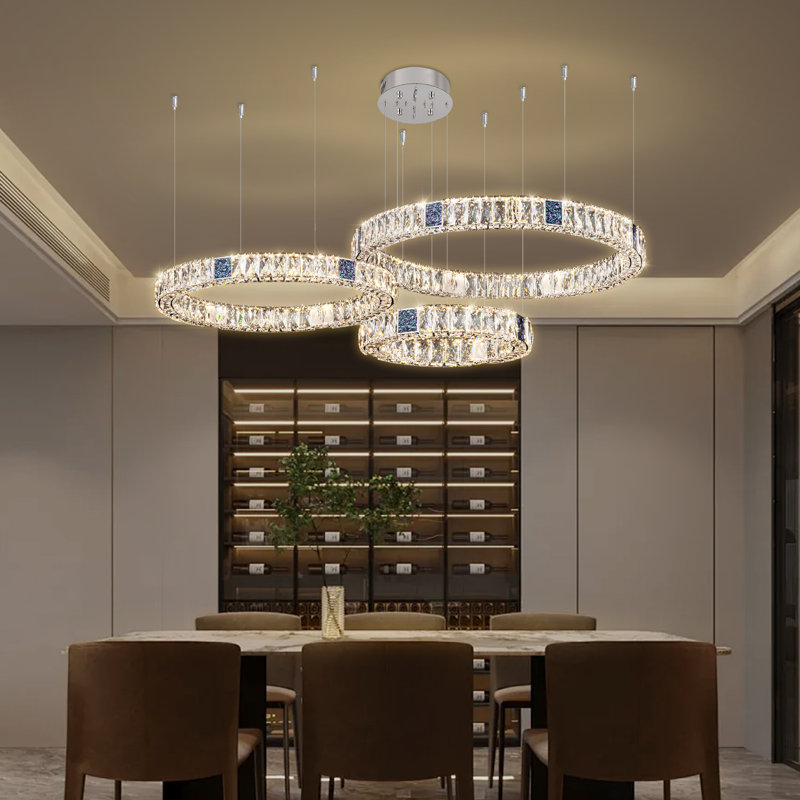 Sliver 3 Rings Crystal Chandelier Round Pendant Light Fixture for Foyer Living Room Bedroom D15.7''x D23.6''x D31.5''