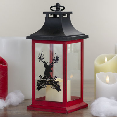 12" Red and Black LED Candle With Deer Christmas Lantern