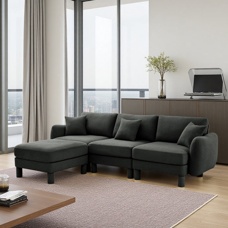 Boucle Fabric Convertible L Shape Sectional 3-Seater Sofa Couch With Distinctive Shell-Shaped Armrests And Removable Ottoman