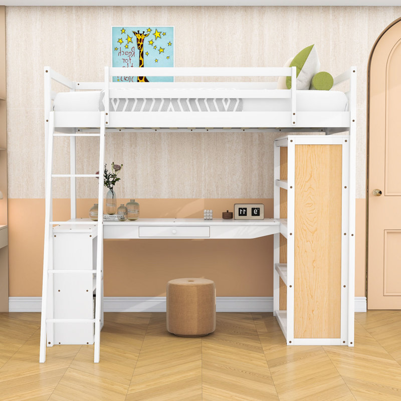 Dulcinea Kids Full Drawer Wood Loft Bed with Built-in Desk and Shelves, White, Twin