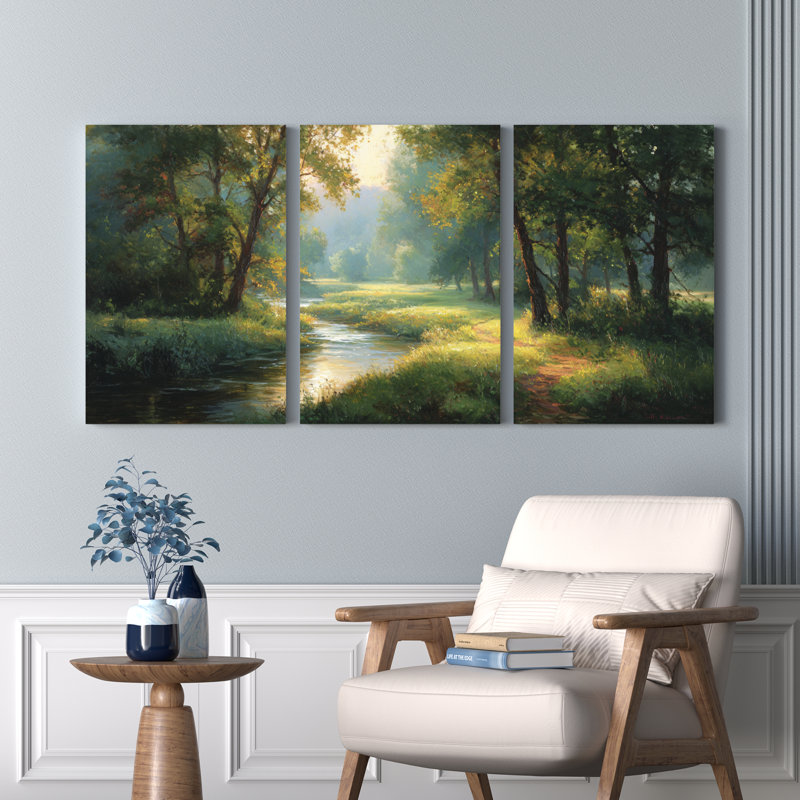 Ensemble de 3 tableaux sur toile représentant un paysage de ruisseau forestier, H 30 po x l 60 po