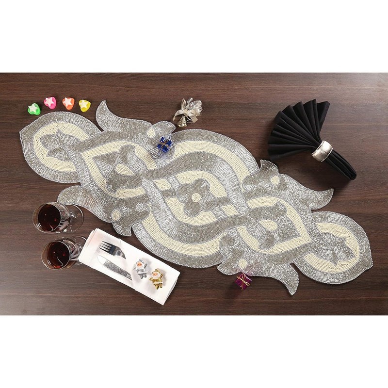 Chemin de table - Ivoire argenté - Design élégant à l'infini, décor à la main chic pour les mariages, les fêtes, les fêtes, les cadeaux et l'utilisation quotidienne