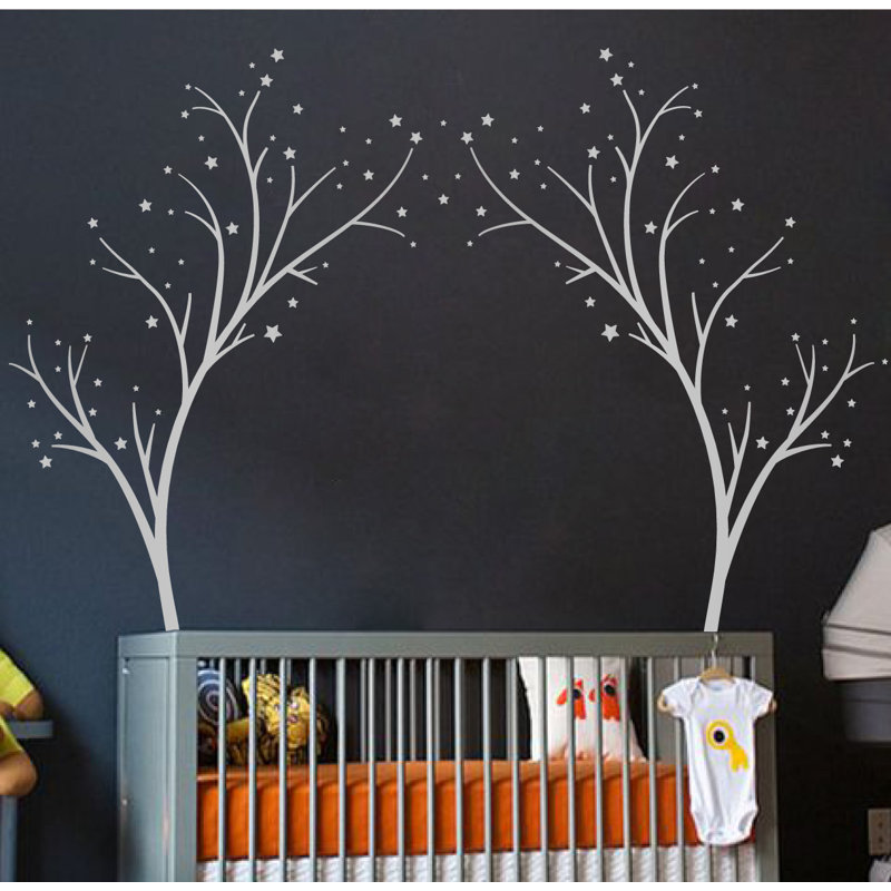 Décalcomanie murale arbres étoiles, H 80 po x l 99 po x P 0,01 po, Argent