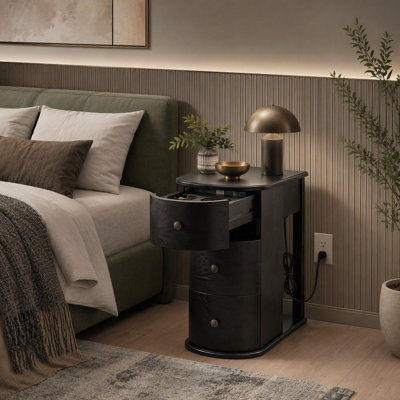 Modern End Table with Hidden Cup Holder, Charging Station, and Pull-Out Side Table for Bedroom & Living Room