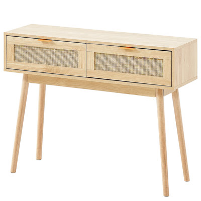 Console en rotin avec 2 tiroirs de rangement, table d'entrée en rotin avec porte coulissante en rotin naturel, table console pour salon, bureau, entrée ou mur de télévision