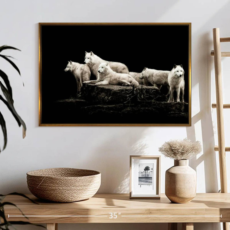 Loups blancs, 25 po x 17 po, Cadre flottant doré