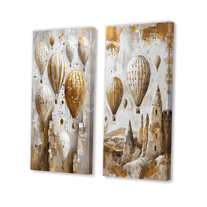 Montgolfière dans des tons dorés et blancs I - ensemble de 2 pièces d'art en montgolfière, H 28 po x l 24 po