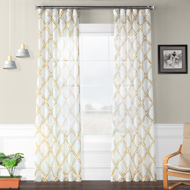 Chantelle Printed Geometric Sheer Rod Pocket Single Curtain Panel, 50" W x 96" L, Normandy Gold