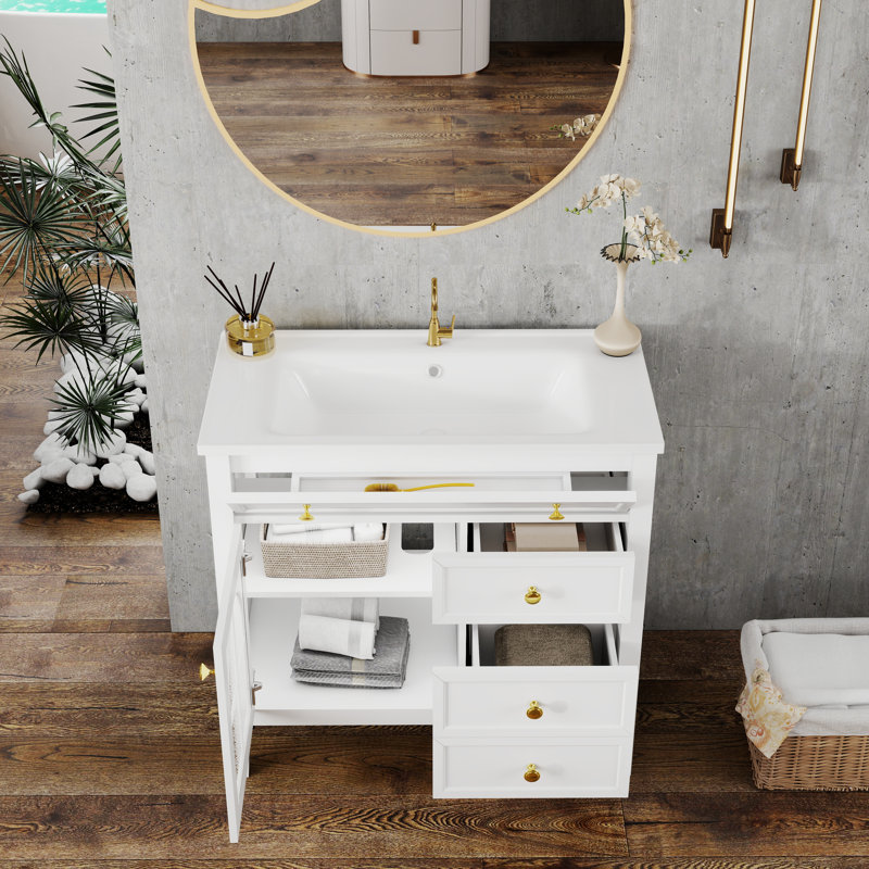 36" Bathroom Vanity Sink with Motion-Sensor Lighting, Patterned Glass & Farmhouse Storage Cabinet, White