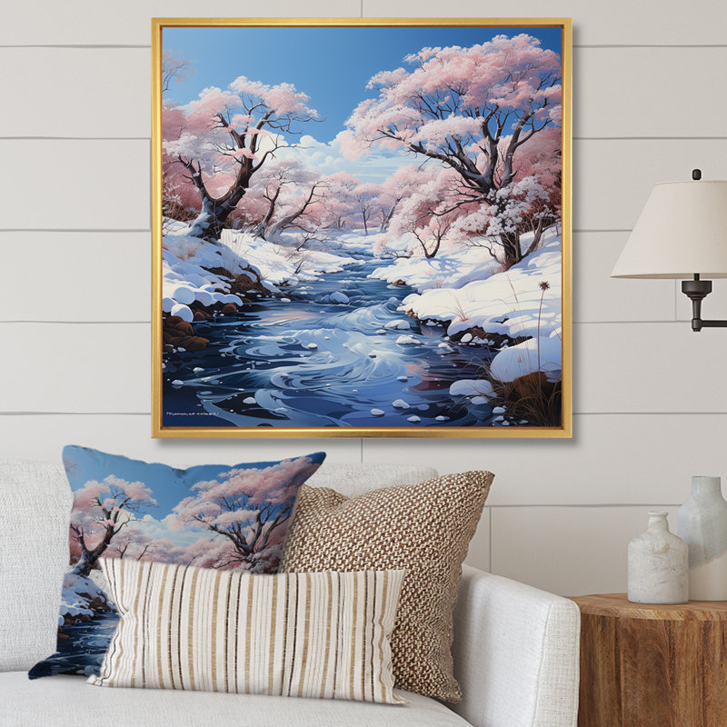 «Winter River Snow Charm Landscape», impressions sur toile, White Picture Framed, 30" H x 30" W
