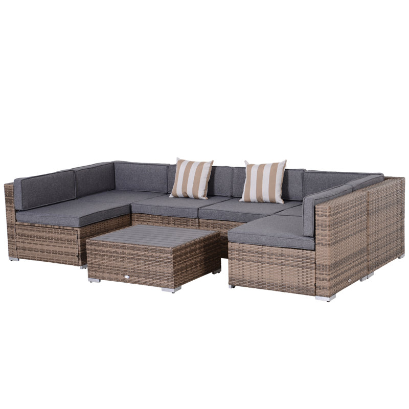 Ensemble de canapé modulaire d'extérieur en osier 7 pièces Outsunny, ensemble de conversation moderne en rotin avec coussins et table, gris