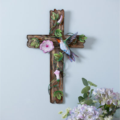 Décoration murale croix avec fleurs et colibri, L 12 po x H 20 po