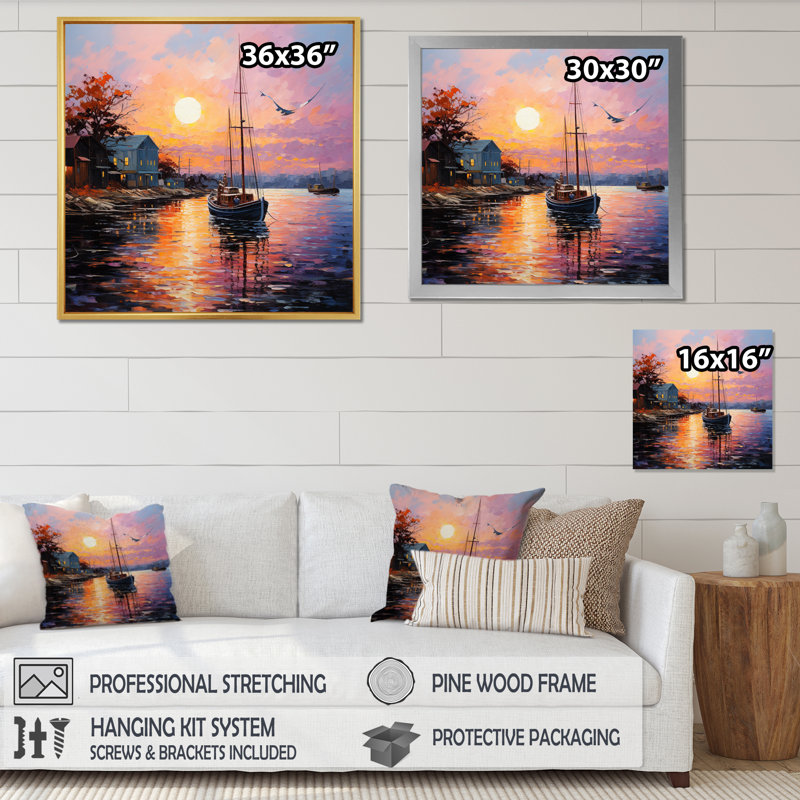 Port Portside Harmony Pointillism - reproduction sur toile, H 36 po x l 36 po x P 1,5 po, Cadre flottant blanc
