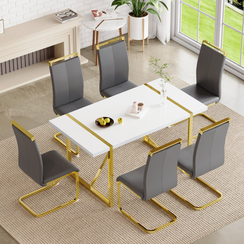Ensemble de salle à manger pour 6 personnes, table de salle à manger rectangulaire moderne avec 6 chaises de salle à manger en similicuir de luxe