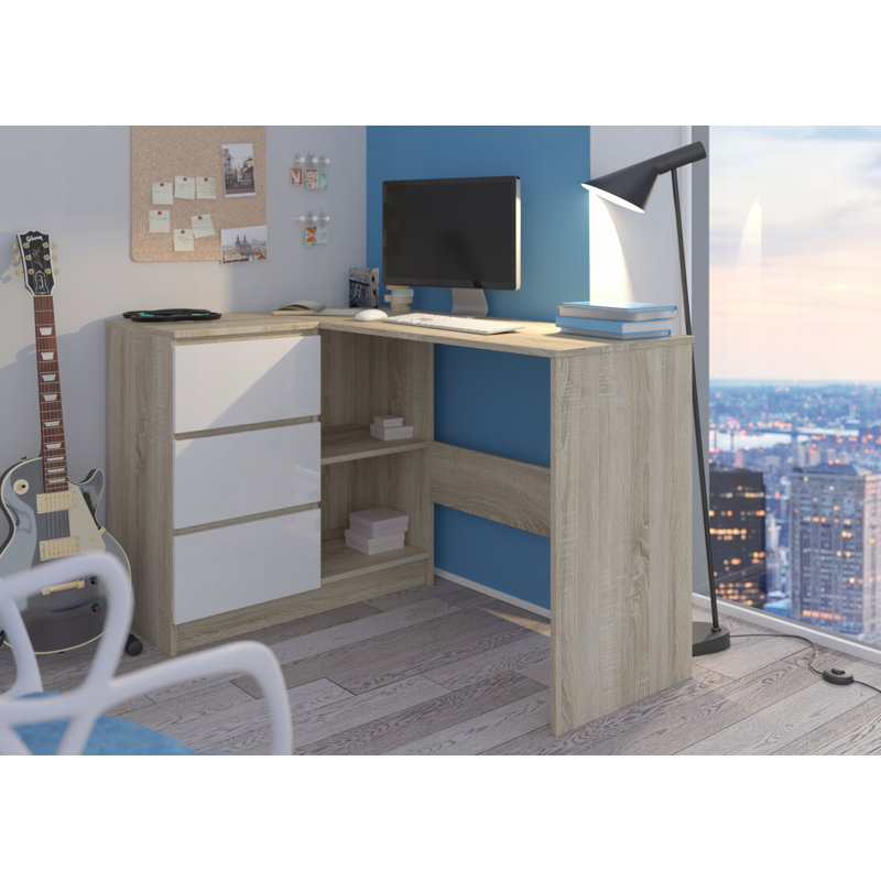 Ardeleana L-Shaped Computer Table, Light Brown/White, Left Hand Return