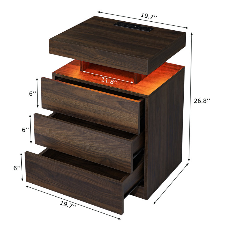 Gebelein Manufactured Wood Nightstand with Wireless Charging Station and LED Lights, Walnut