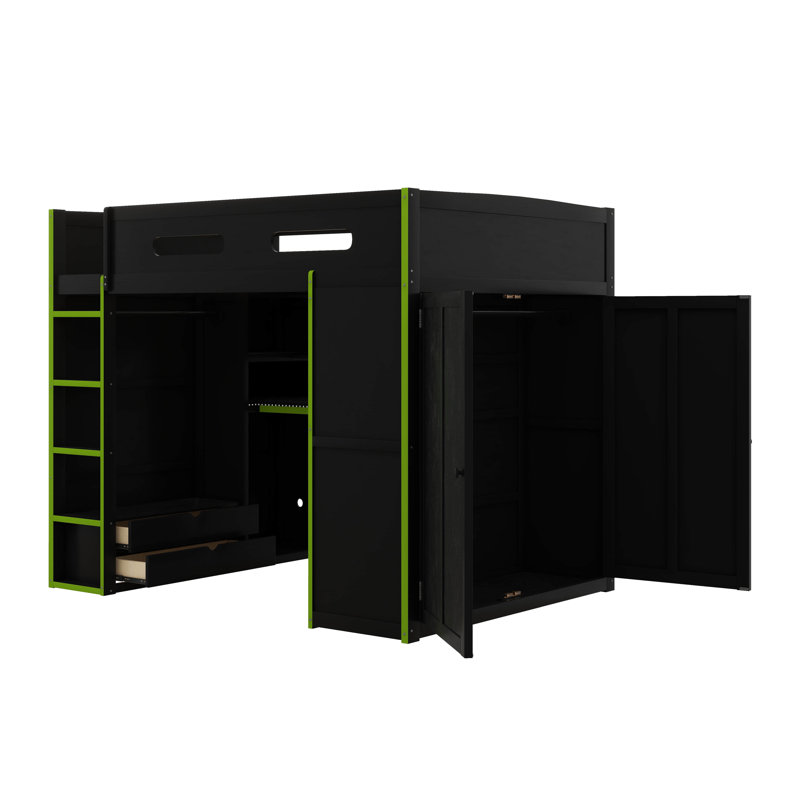 Full Size Wooden Loft Bed With Desk, Wardrobe, Ample Storage, And LED Illumination, Green