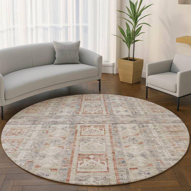 Tapis rayé de qualité supérieure Mayfield, Beige, Rond 8 pi