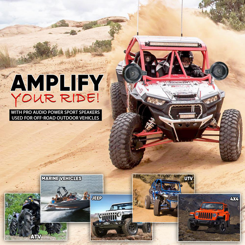 Haut-parleurs hors-route imperméables 4 po Pyle, système de haut-parleurs sport compact 900W pour VTT, UTV, 4X4, Jeep, véhicules marins, résistant aux intempéries, chaîne stéréo 2 voies, amplification des basses, fixation sur roulettes (paire)