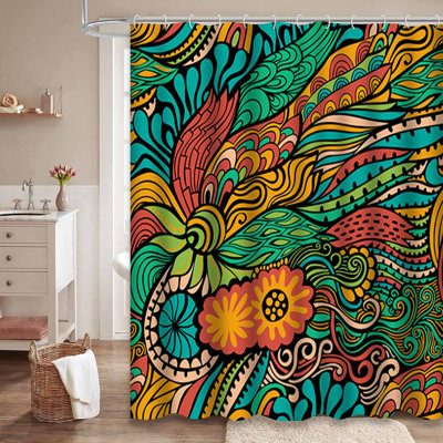 Rideau de douche imperméable à motif floral abstrait à motif de feuilles avec 12 crochets