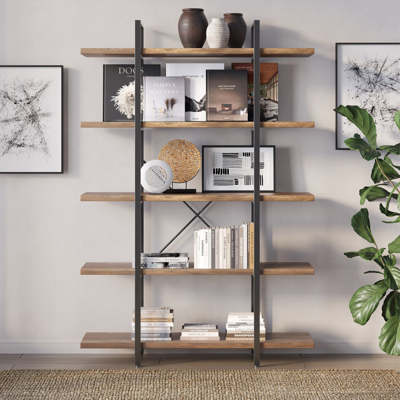 Bibliothèque en métal, Chêne rustique, (5 tablettes) H 70 po x l 47,3 po x p 12,5 po