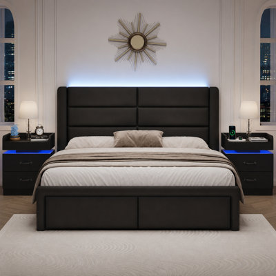 Faux Leather Upholstered Bed Frame with Headboard + 2-Drawer Nightstand with Charging Station, USB Ports & Outlets, Complete 3-Piece Bedroom Set