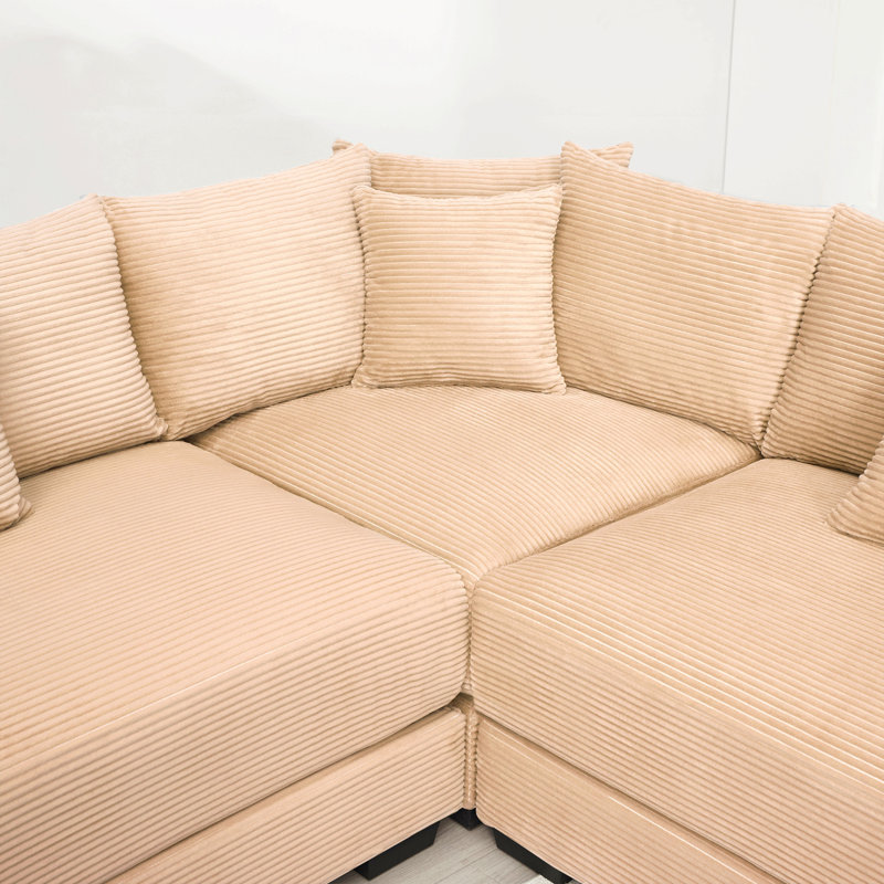 Felder L-Shaped Corduroy Sectional Sofa with Throw Pillows & Deep Seating, Camel Corduroy