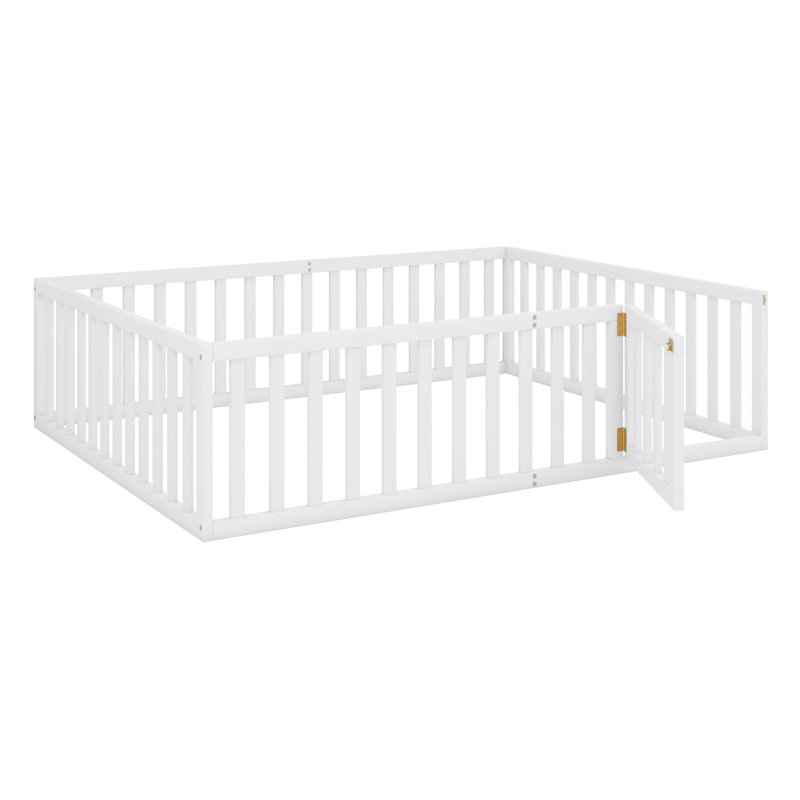 Structure de lit en bois avec clôture et porte, Blanc, Grand