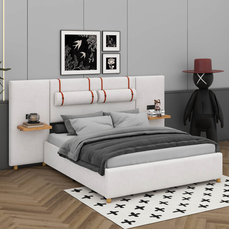 Lit plateforme tapissier avec deux prises, ports de chargement USB, deux coussins de chevet et tablettes de rangement, Grand