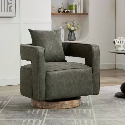 Fauteuil demi-tonneau moderne à dossier ouvert pivotant de 28,9 po de largeur avec base patinée pour chambre d'enfant, salon, bureau, fauteuil club, fauteuil de détente (gris, polyuréthane)