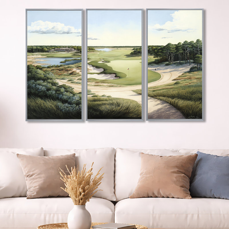 «Golf Course in The Summer», reproduction sur toile 3 pièces, Impression encadrée, H 28 po x l 36 po, Argent argent