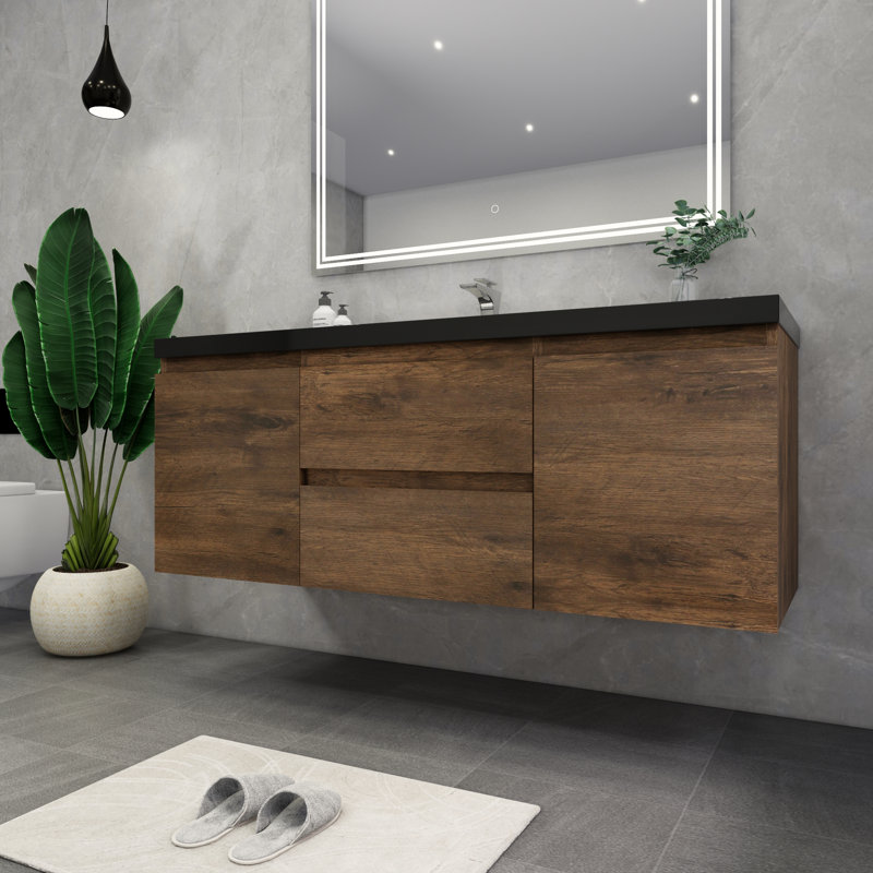 Castin 60" Wall-Mounted Single Bathroom Vanity Set, Rose Wood