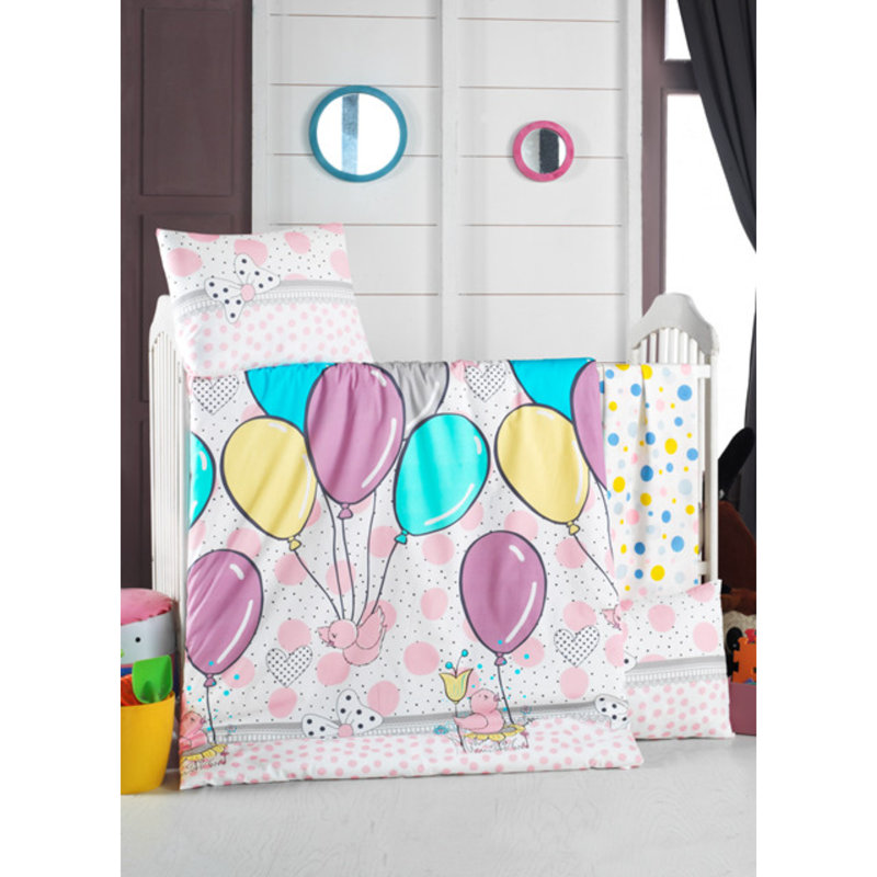 Ensemble de housse de couette 100% coton Ranforce Baby, blanc et rose / bleu / jaune, housse de couette 39,4 po x 59,1 po | Comprend 2 taies d'oreiller de 13,8 po x 17,7 po | Fermeture à boutons et enveloppes, douce et lavable à la machine (30 ° C), 11