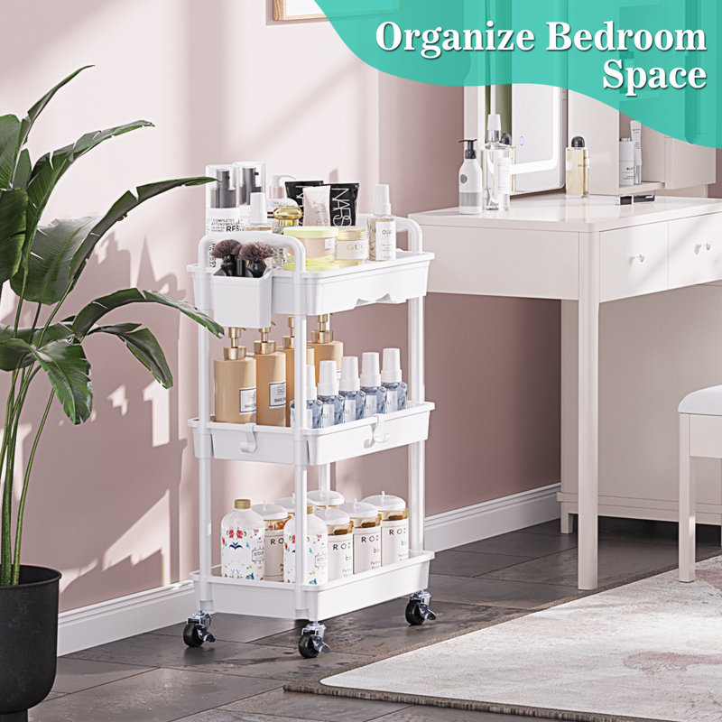 Rolling Cart with Drawer & Lockable Wheels, Plastic Shelf Storage Organizer Cart, White, 3 Tier