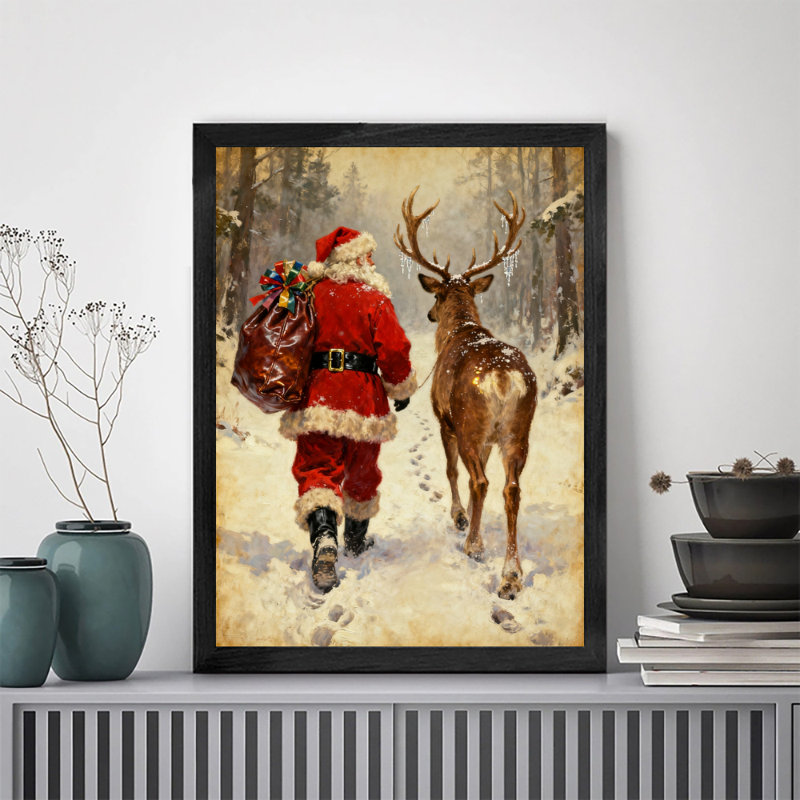 Père Noël rétro noir encadré avec art mural de style rétro, H 11 po x l 9 po