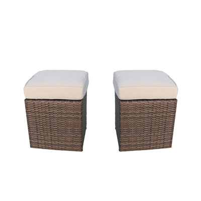Outdoor Brown Steel Wicker 2 Ottomans