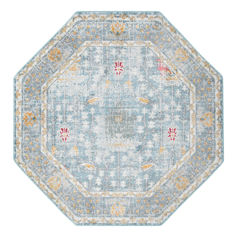 Tapis bleu à motif floral Haefner, Octogone 8 pi 2 po x 8 pi 2 po