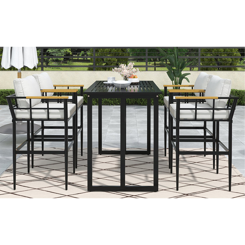 Iron Outdoor Dining Set With Acacia Wood Armrest Suitable For Patio, Balcony Or Backyard, Black